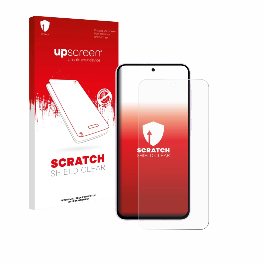Parte frontale di una confezione del prodotto con il logo del marchio upscreen. Accanto è raffigurato il dispositivo Samsung G