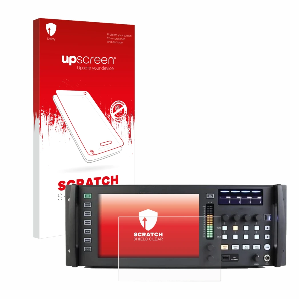 Parte frontale di una confezione del prodotto con il logo del marchio upscreen. Accanto è raffigurato il dispositivo Behringer