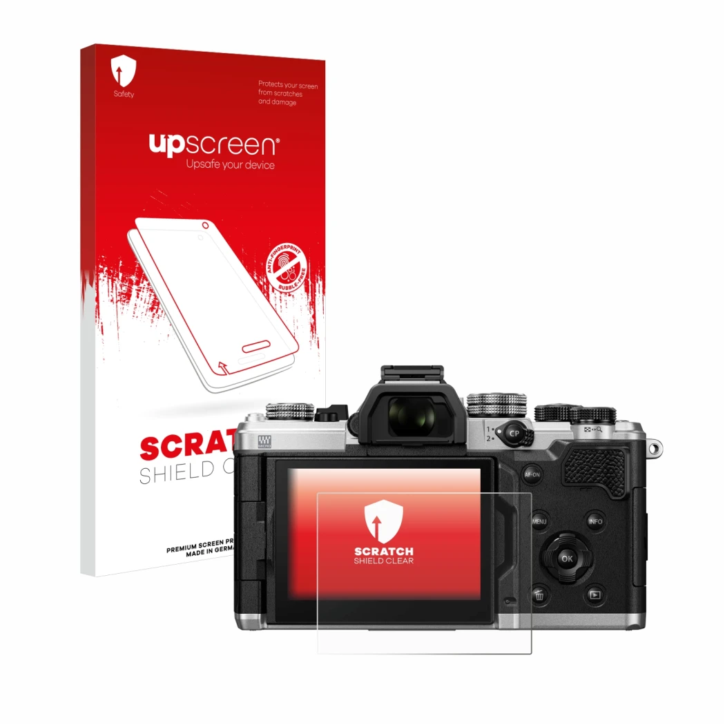 Parte frontale di una confezione del prodotto con il logo del marchio upscreen. Accanto è raffigurato il dispositivo OM System