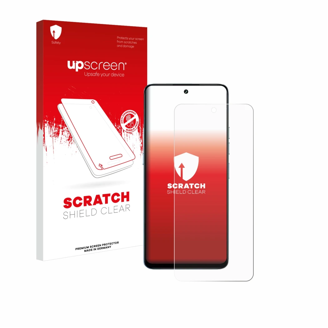 Parte frontale di una confezione del prodotto con il logo del marchio upscreen. Accanto è raffigurato il dispositivo Umidigi N