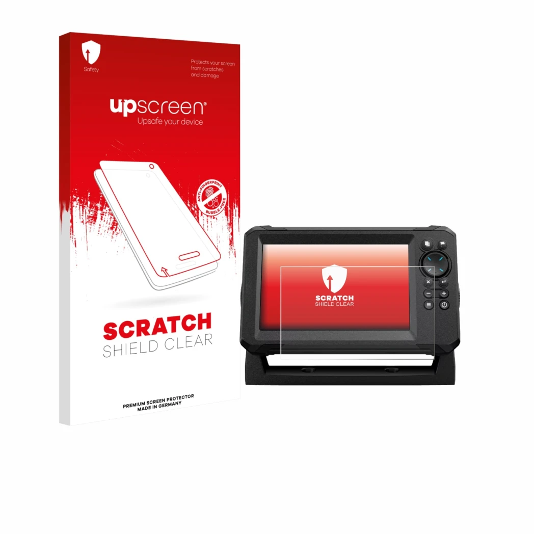 Parte frontale di una confezione del prodotto con il logo del marchio upscreen. Accanto è raffigurato il dispositivo Lowrance