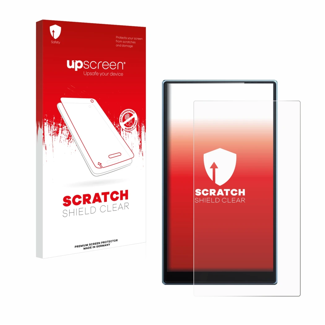 Parte frontale di una confezione del prodotto con il logo del marchio upscreen. Accanto è raffigurato il dispositivo FiiO JM21