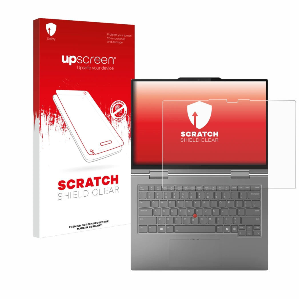 Parte frontale di una confezione del prodotto con il logo del marchio upscreen. Accanto è raffigurato il dispositivo Lenovo Th