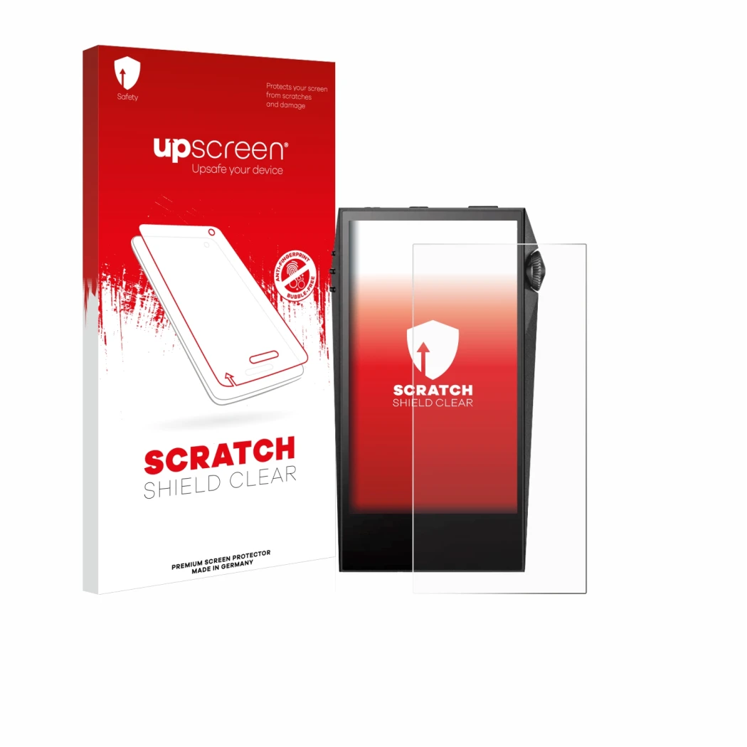 Parte frontale di una confezione del prodotto con il logo del marchio upscreen. Accanto è raffigurato il dispositivo Astell&Ke