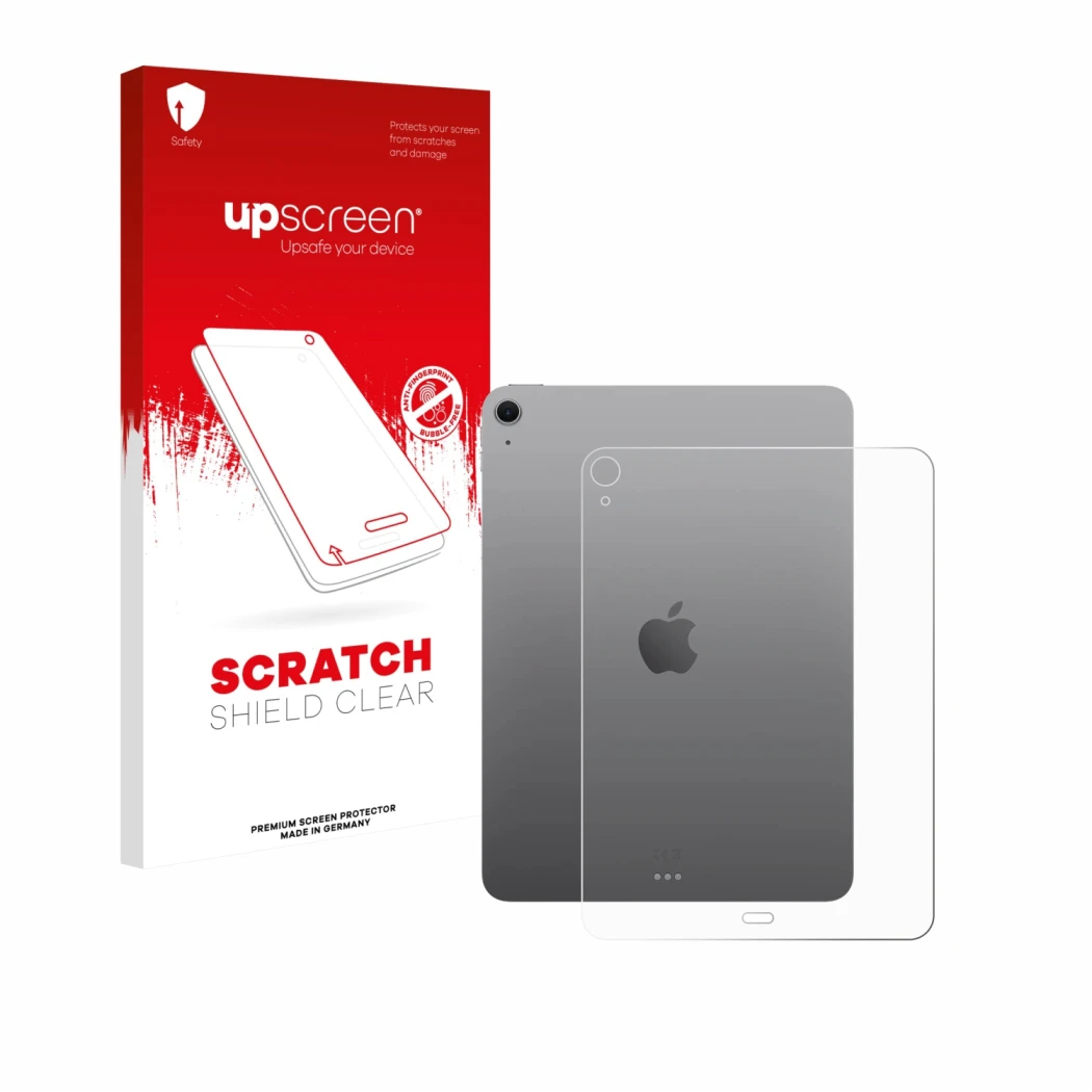 Parte frontale di una confezione del prodotto con il logo del marchio upscreen. Accanto è raffigurato il dispositivo Apple iPa