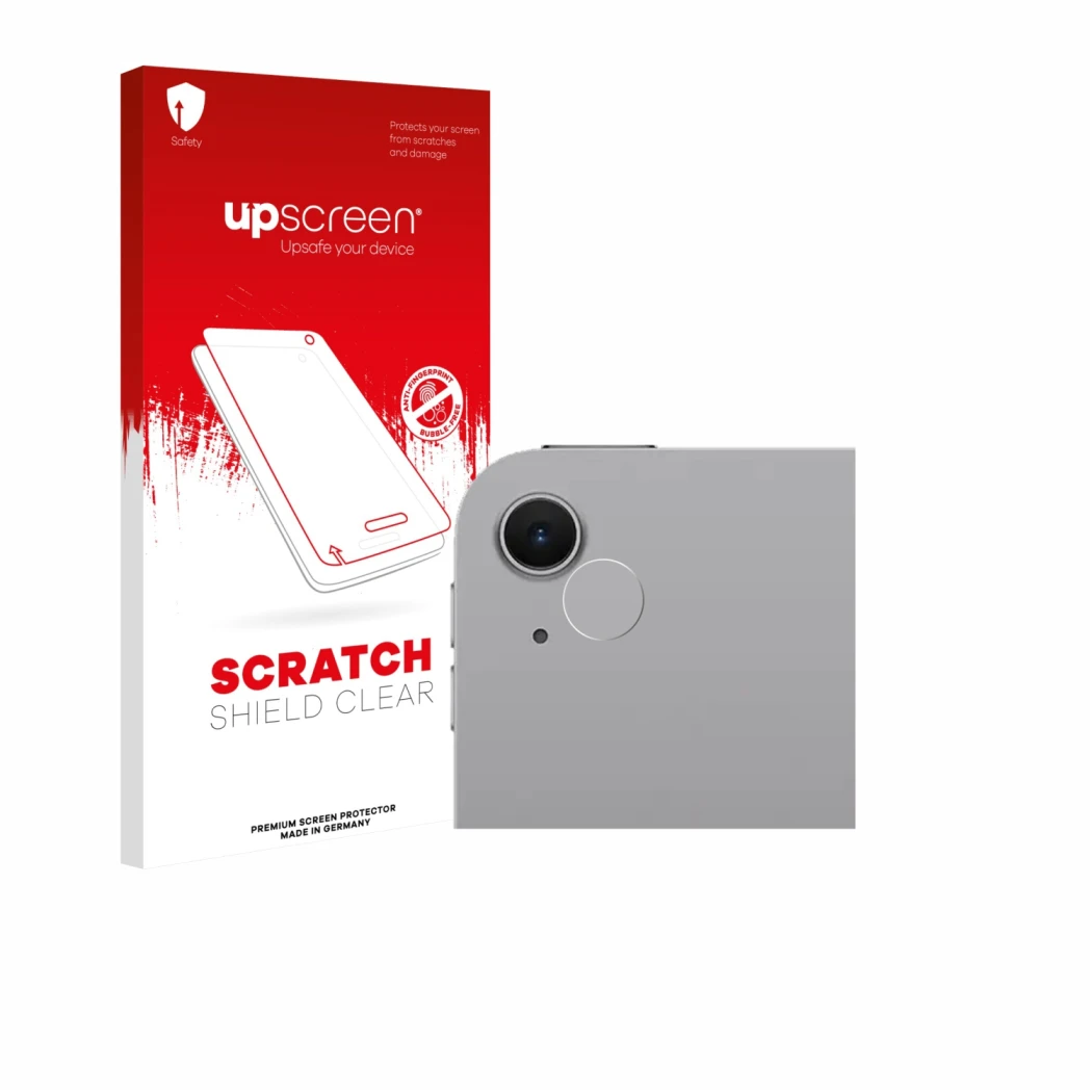 Parte frontale di una confezione del prodotto con il logo del marchio upscreen. Accanto è raffigurato il dispositivo Apple iPa