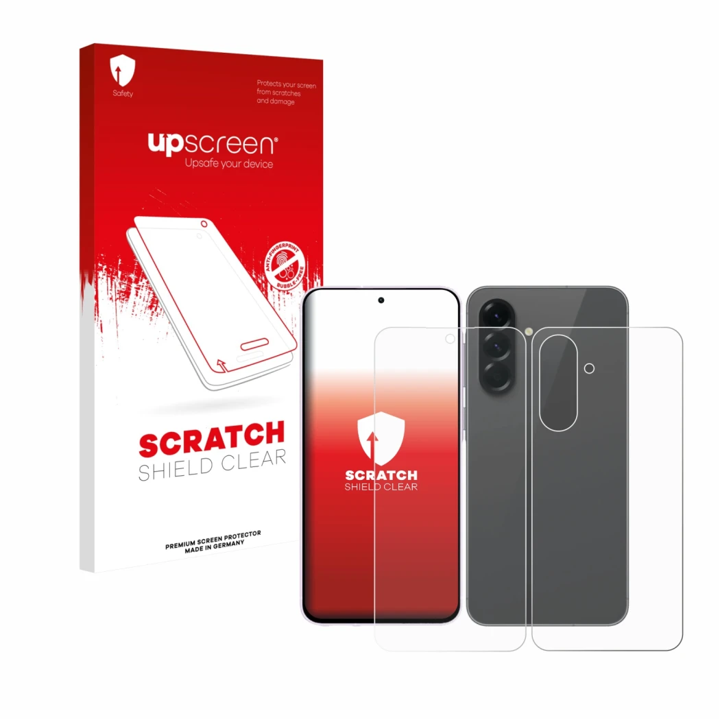 Parte frontale di una confezione del prodotto con il logo del marchio upscreen. Accanto è raffigurato il dispositivo Samsung G