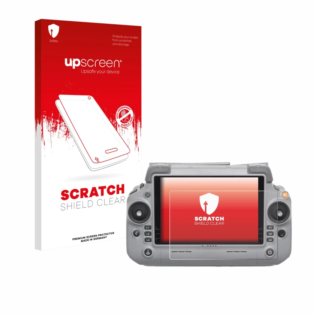 Parte frontale di una confezione del prodotto con il logo del marchio upscreen. Accanto è raffigurato il dispositivo DJI RC Pl