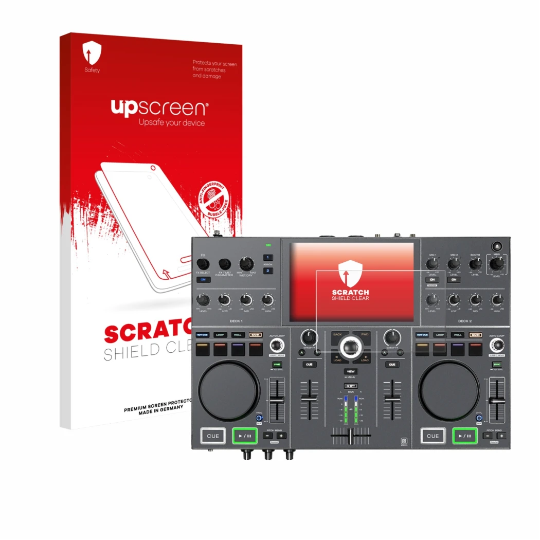 Parte frontale di una confezione del prodotto con il logo del marchio upscreen. Accanto è raffigurato il dispositivo Denon DJ