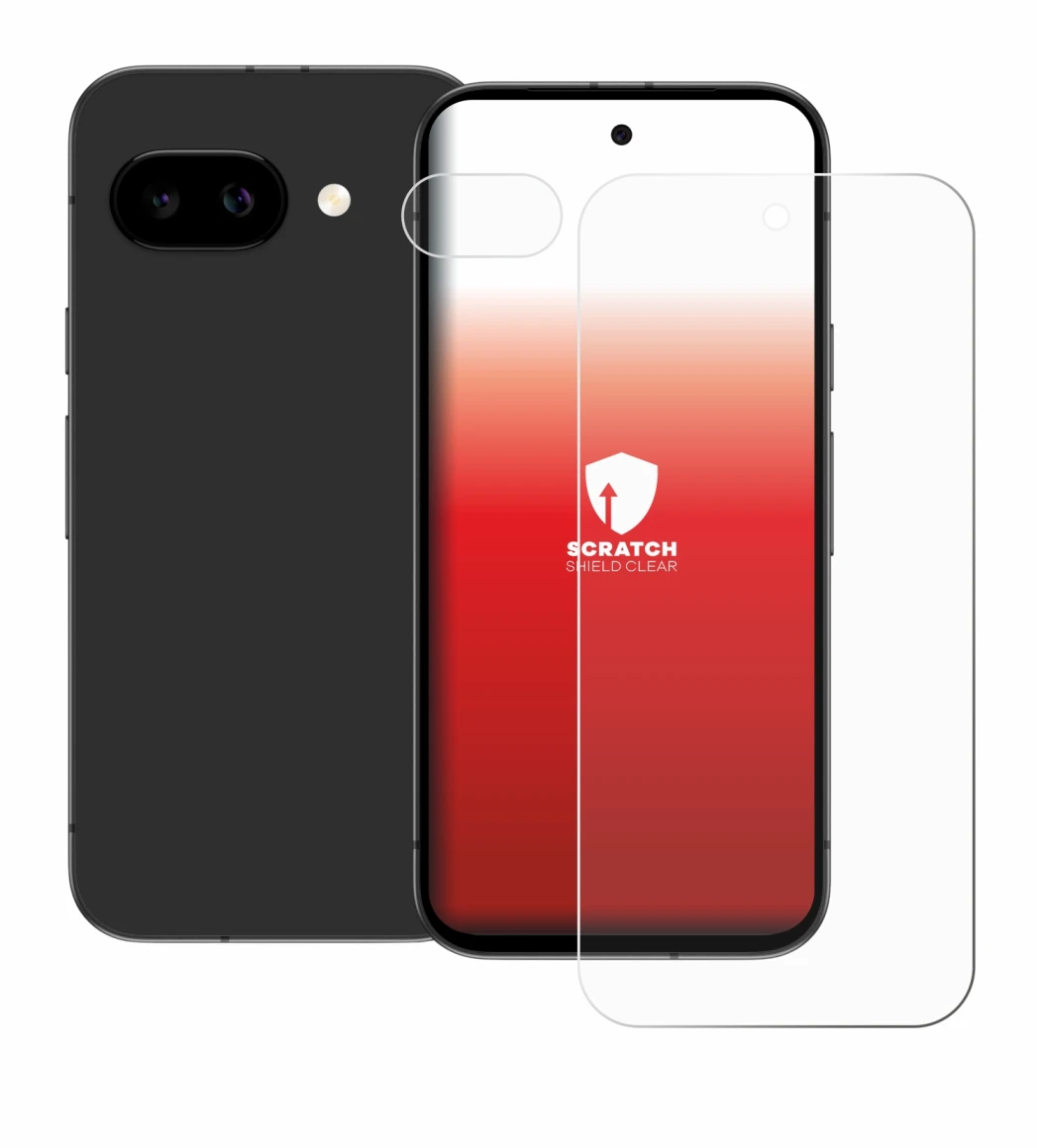 Immagine del dispositivo Google Pixel 9a (Fronte+Fotocamera) con un'ampia varietà di protezioni per lo schermo.