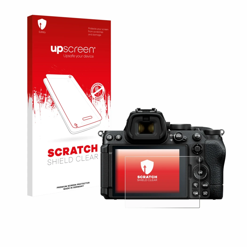 Parte frontale di una confezione del prodotto con il logo del marchio upscreen. Accanto è raffigurato il dispositivo Nikon Z5
