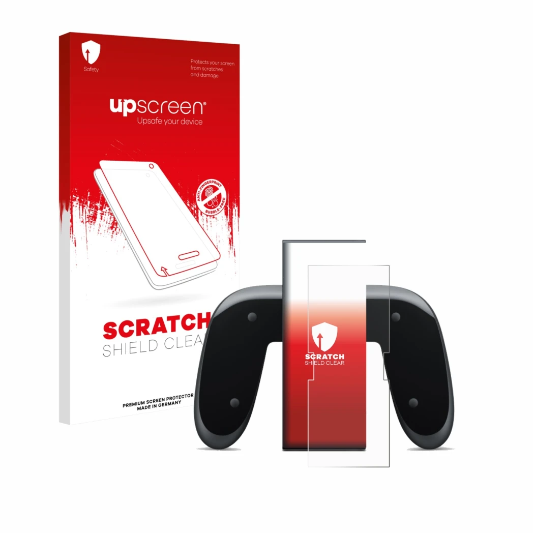 Parte frontale di una confezione del prodotto con il logo del marchio upscreen. Accanto è raffigurato il dispositivo Nintendo 