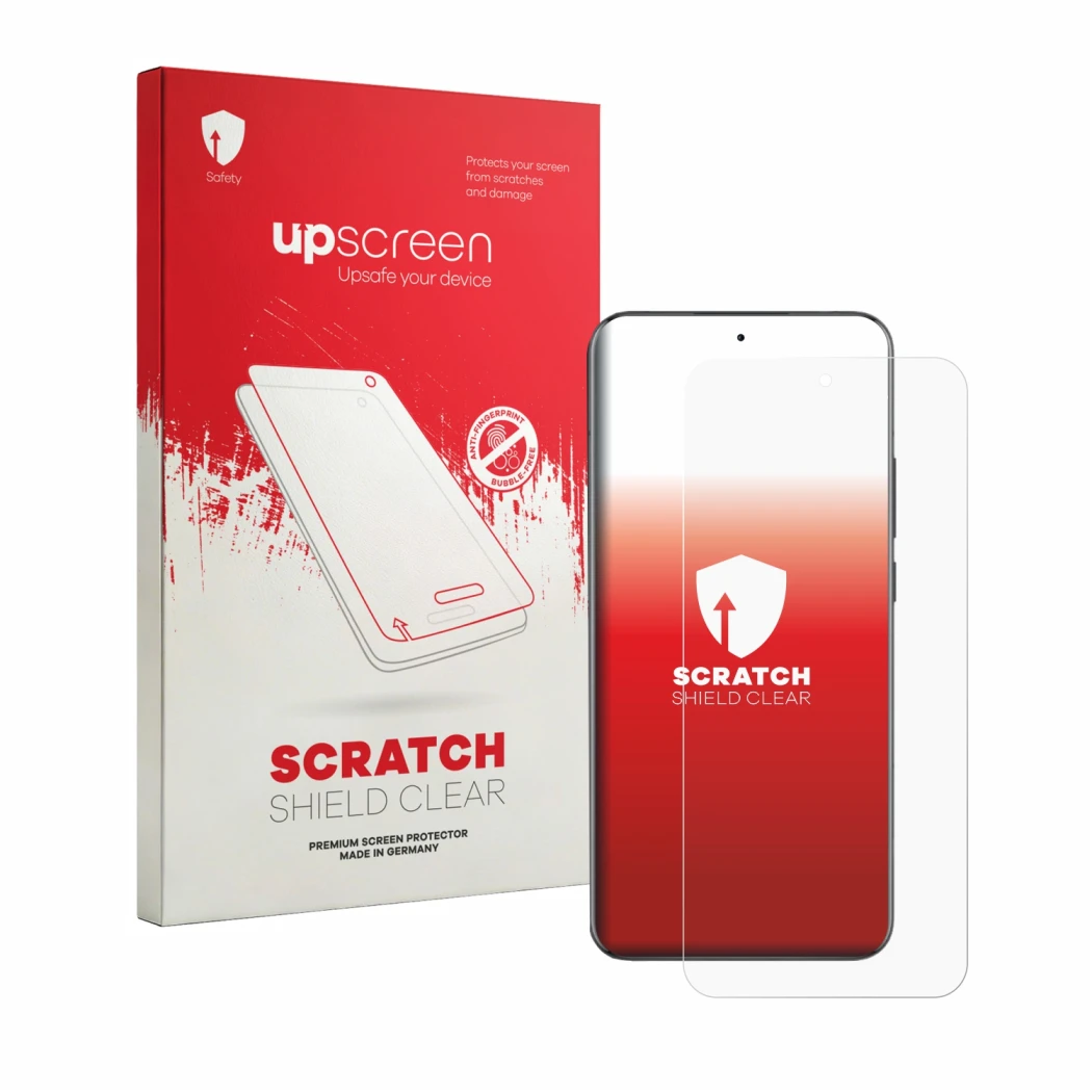 Parte frontale di una confezione del prodotto con il logo del marchio upscreen. Accanto è raffigurato il dispositivo Oppo Reno