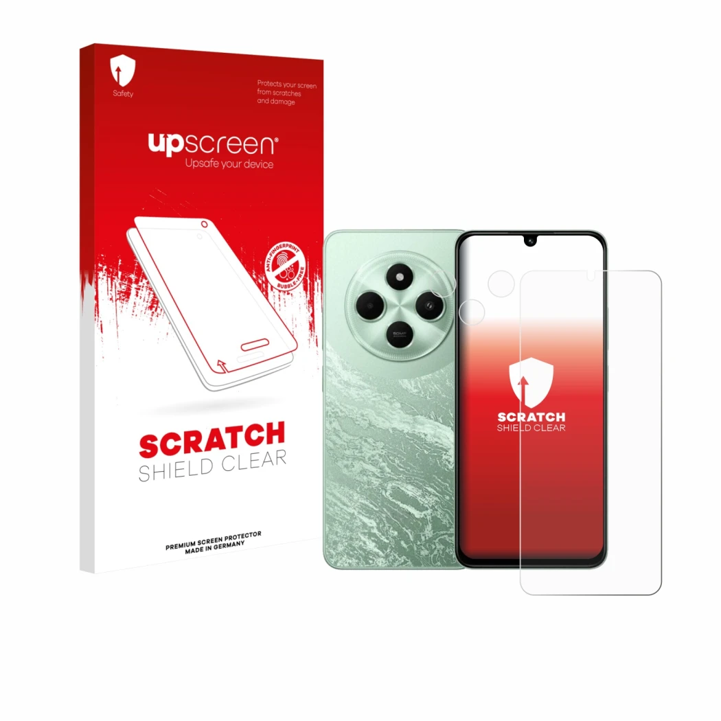 Parte frontale di una confezione del prodotto con il logo del marchio upscreen. Accanto è raffigurato il dispositivo Xiaomi Po