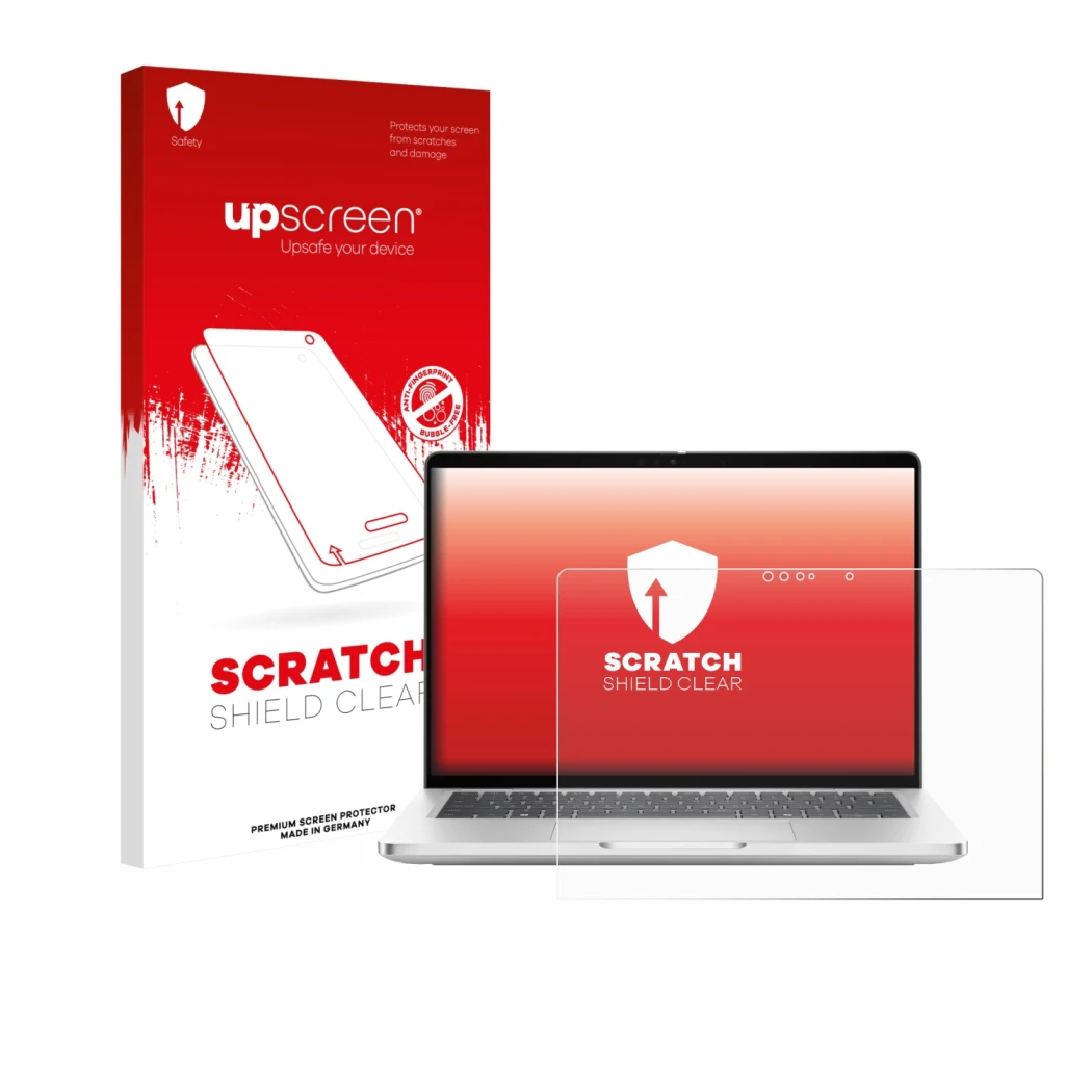Parte frontale di una confezione del prodotto con il logo del marchio upscreen. Accanto è raffigurato il dispositivo Dell Pro 