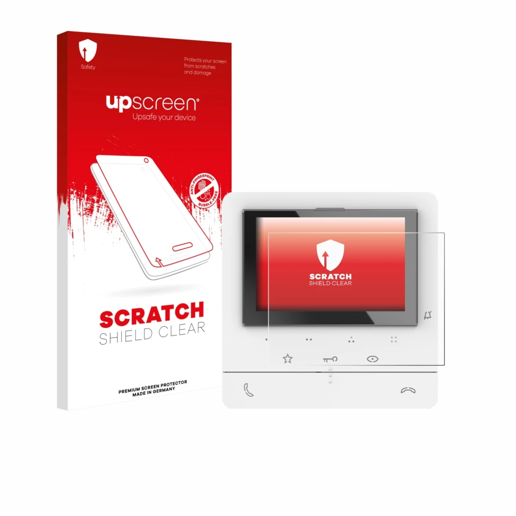 Parte frontale di una confezione del prodotto con il logo del marchio upscreen. Accanto è raffigurato il dispositivo Biticino