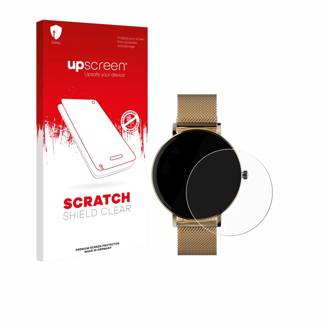 Parte frontale di una confezione del prodotto con il logo del marchio upscreen. Accanto è raffigurato il dispositivo ZenWatch 