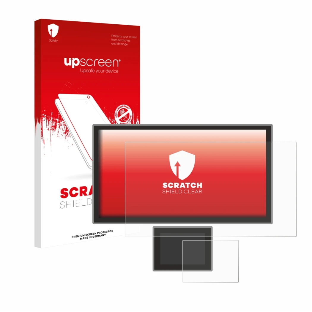 Parte frontale di una confezione del prodotto con il logo del marchio upscreen. Accanto è raffigurato il dispositivo Icom IC-7