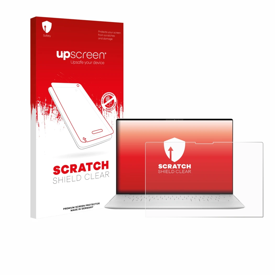 Parte frontale di una confezione del prodotto con il logo del marchio upscreen. Accanto è raffigurato il dispositivo Dell XPS 