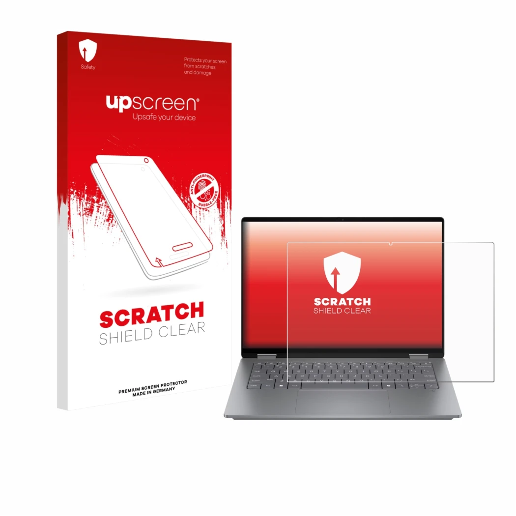 Parte frontale di una confezione del prodotto con il logo del marchio upscreen. Accanto è raffigurato il dispositivo HP OmniBo