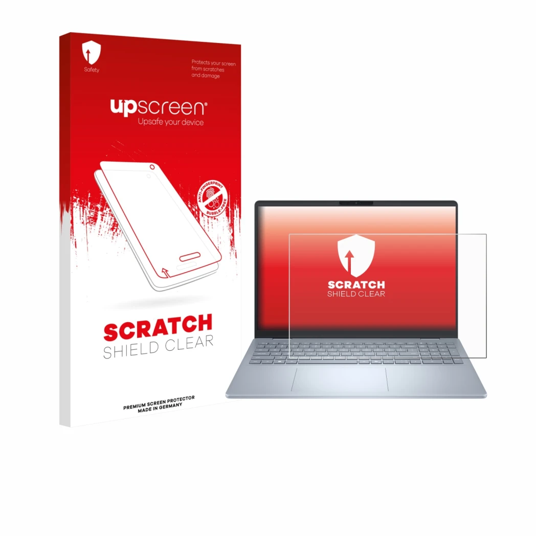 Parte frontale di una confezione del prodotto con il logo del marchio upscreen. Accanto è raffigurato il dispositivo Dell 16 P