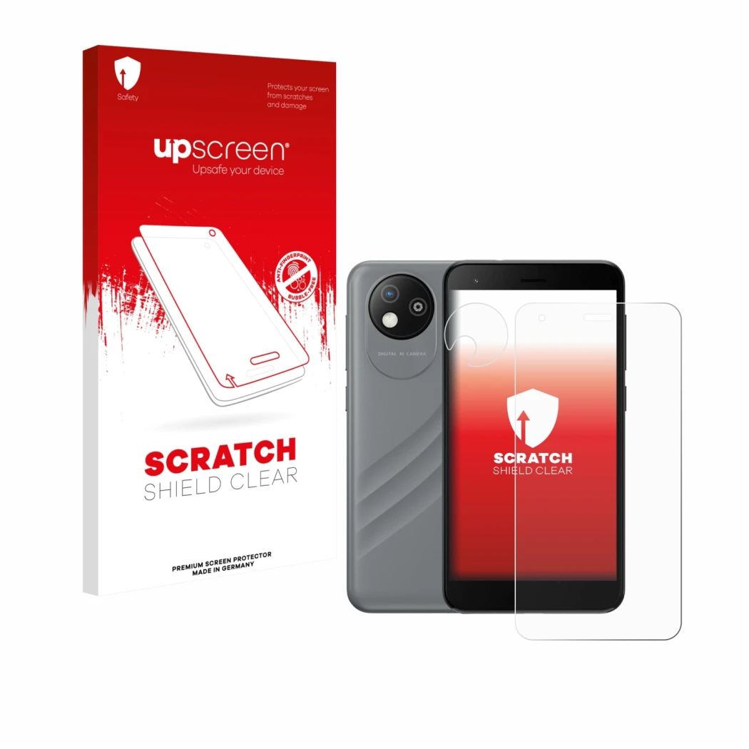 Parte frontale di una confezione del prodotto con il logo del marchio upscreen. Accanto è raffigurato il dispositivo ZTE Blade