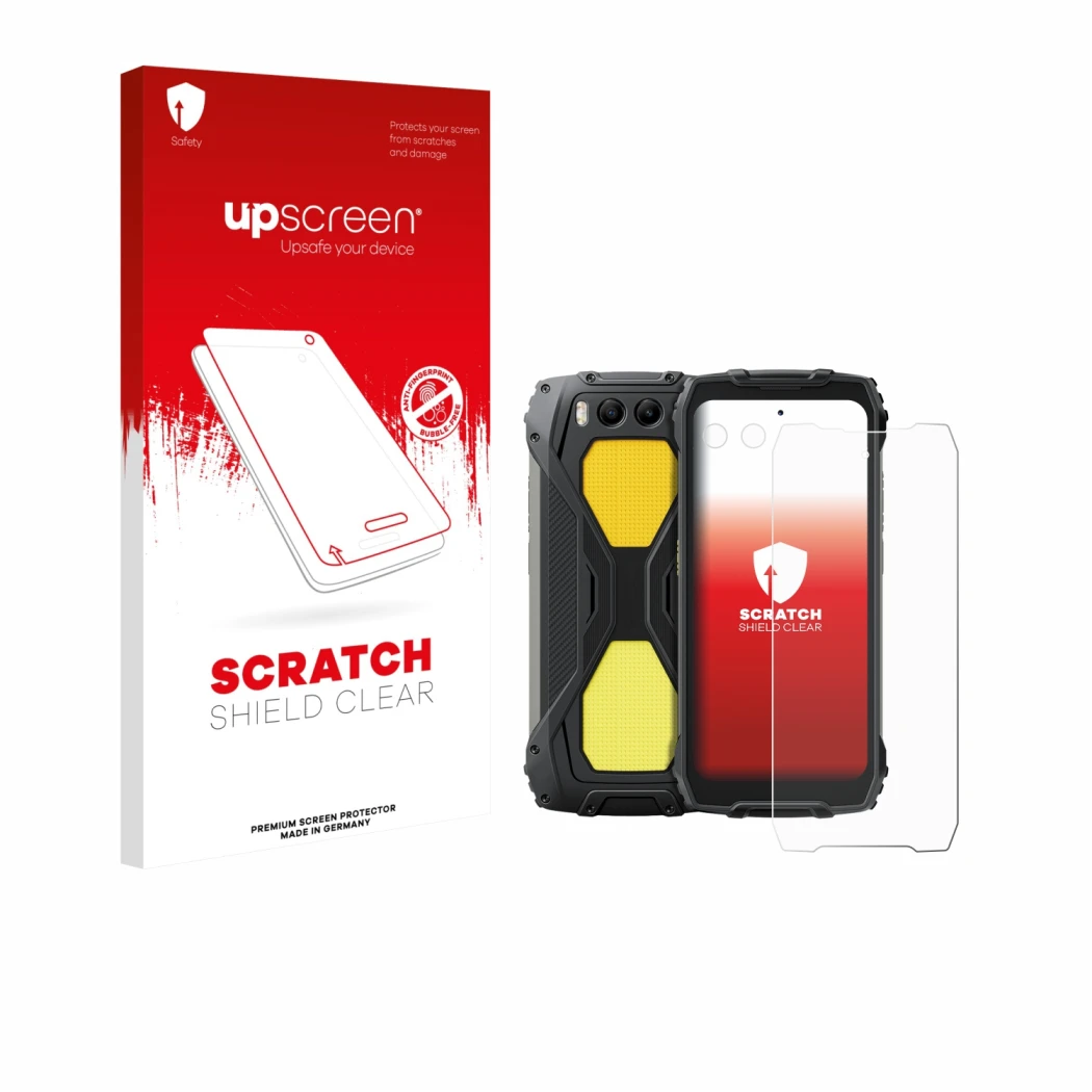 Parte frontale di una confezione del prodotto con il logo del marchio upscreen. Accanto è raffigurato il dispositivo Blackview