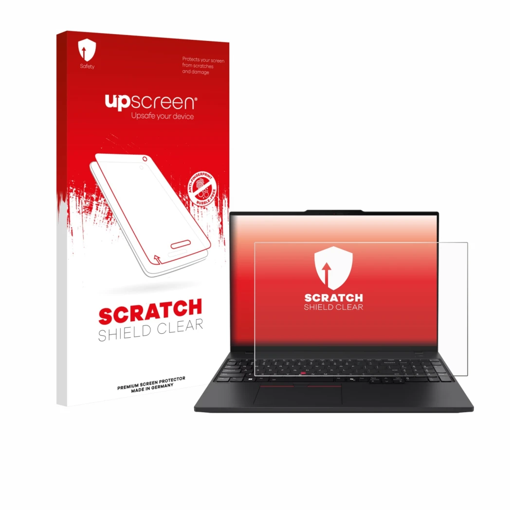 Parte frontale di una confezione del prodotto con il logo del marchio upscreen. Accanto è raffigurato il dispositivo Lenovo Th