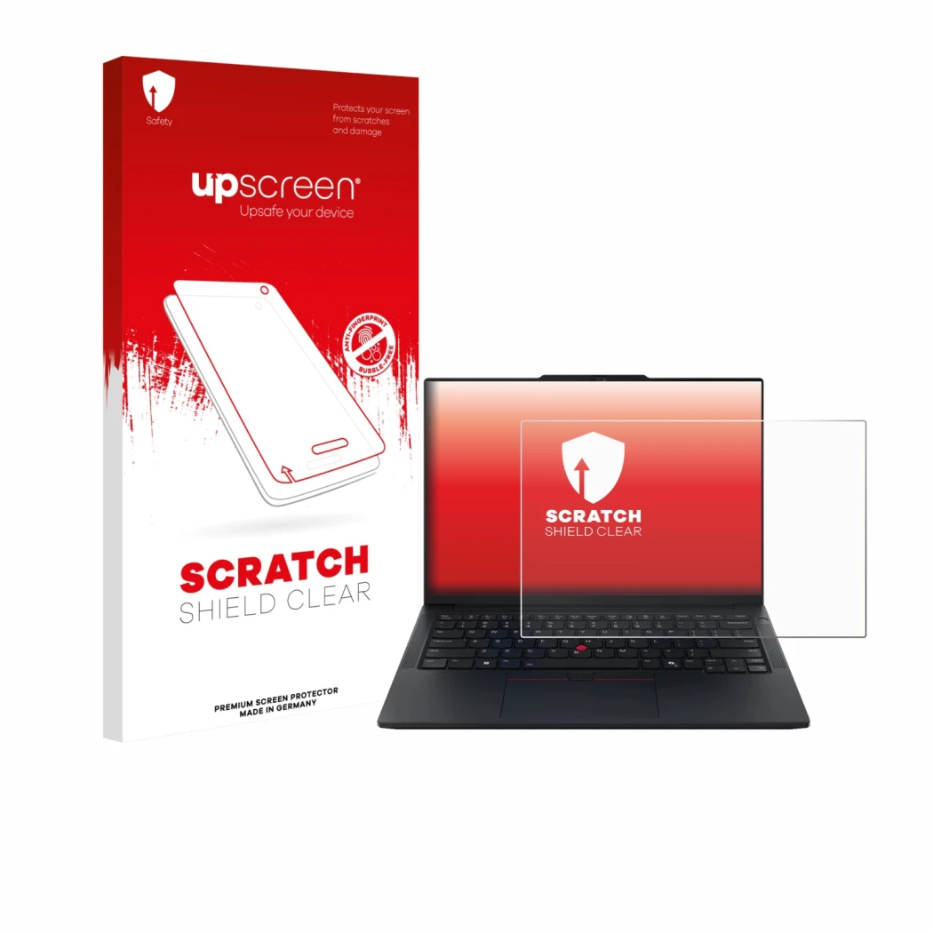 Parte frontale di una confezione del prodotto con il logo del marchio upscreen. Accanto è raffigurato il dispositivo Lenovo Th