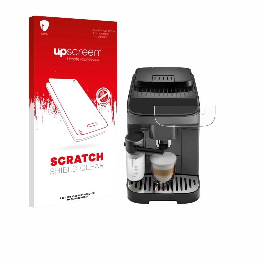 Parte frontale di una confezione del prodotto con il logo del marchio upscreen. Accanto è raffigurato il dispositivo DeLonghi