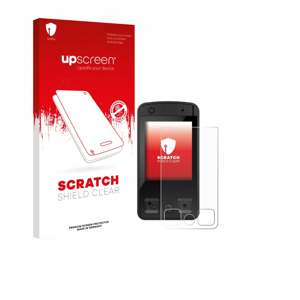 Parte frontale di una confezione del prodotto con il logo del marchio upscreen. Accanto è raffigurato il dispositivo Bosch Kio