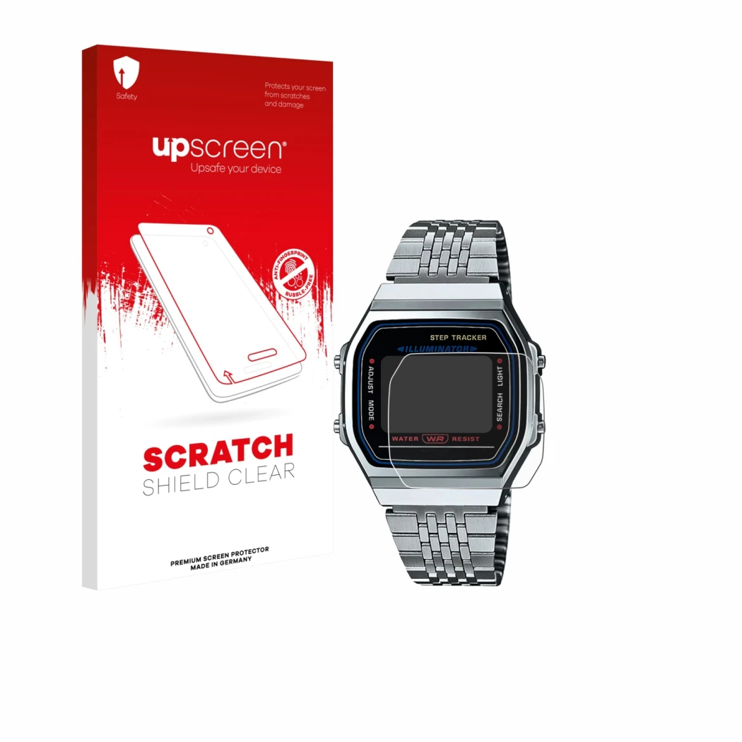 Parte frontale di una confezione del prodotto con il logo del marchio upscreen. Accanto è raffigurato il dispositivo Casio ico