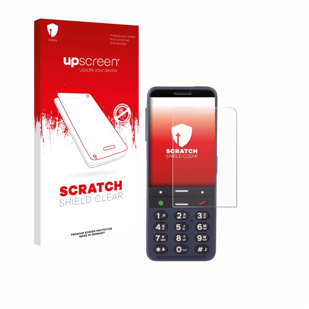 Parte frontale di una confezione del prodotto con il logo del marchio upscreen. Accanto è raffigurato il dispositivo BlindShel