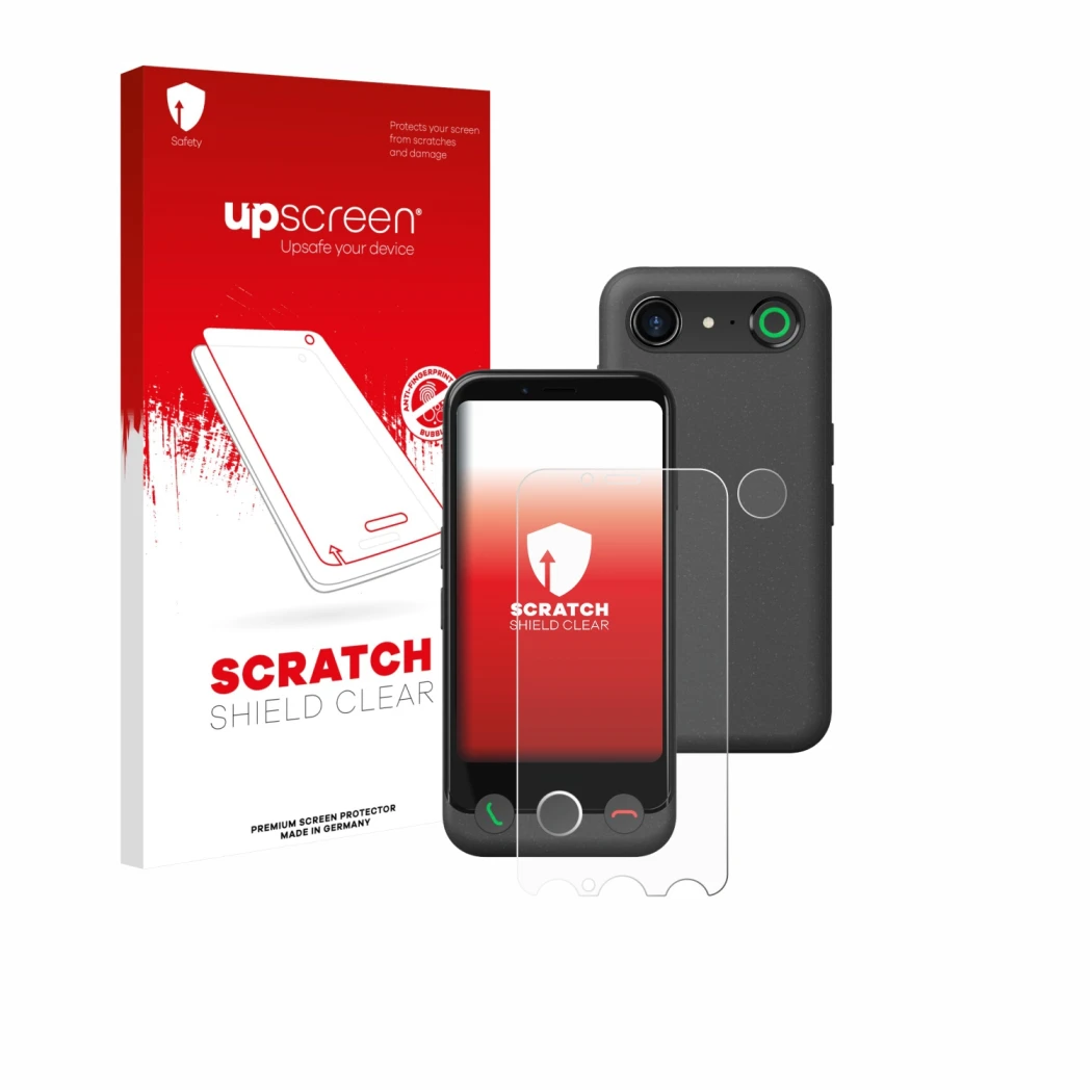 Parte frontale di una confezione del prodotto con il logo del marchio upscreen. Accanto è raffigurato il dispositivo Doro Auro