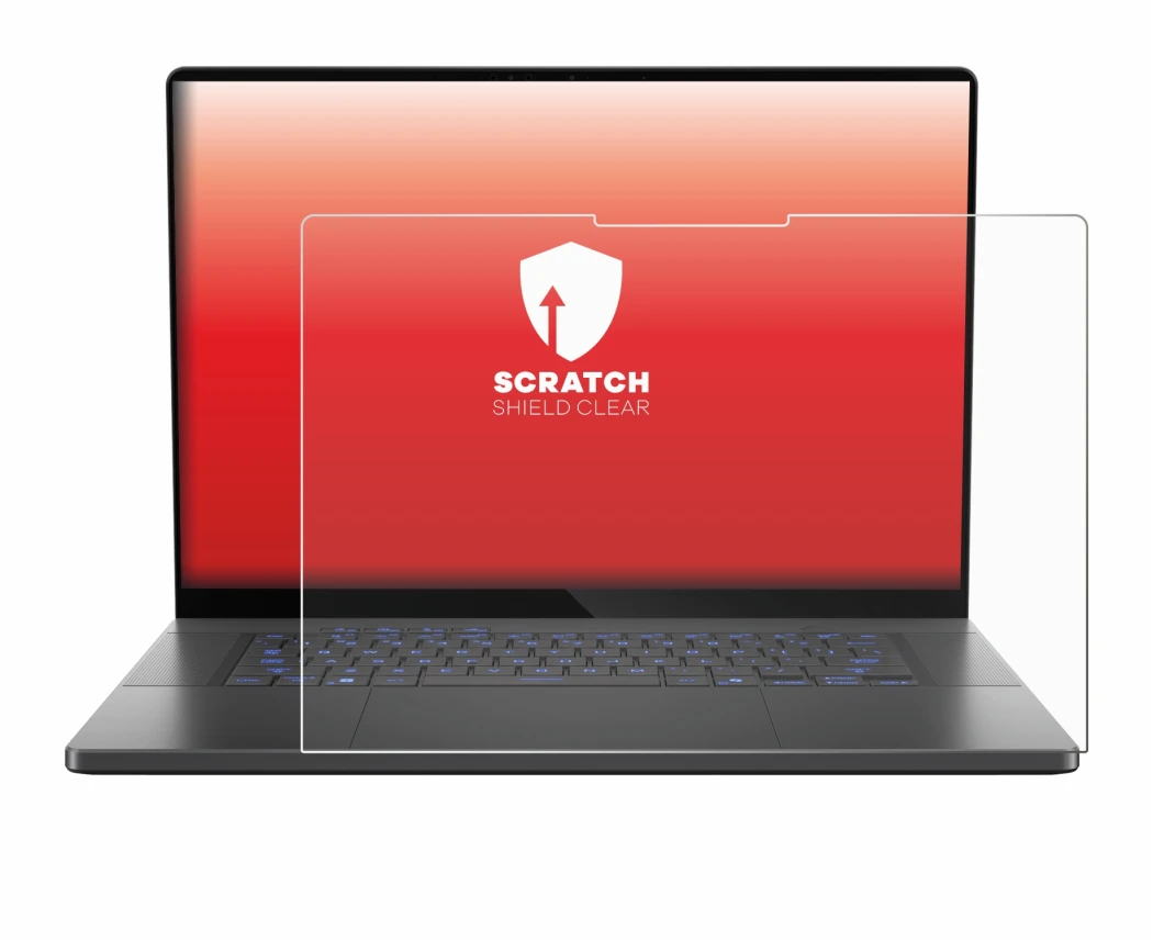 Immagine del dispositivo ASUS ROG Zephyrus G16 2025 con un'ampia varietà di protezioni per lo schermo.