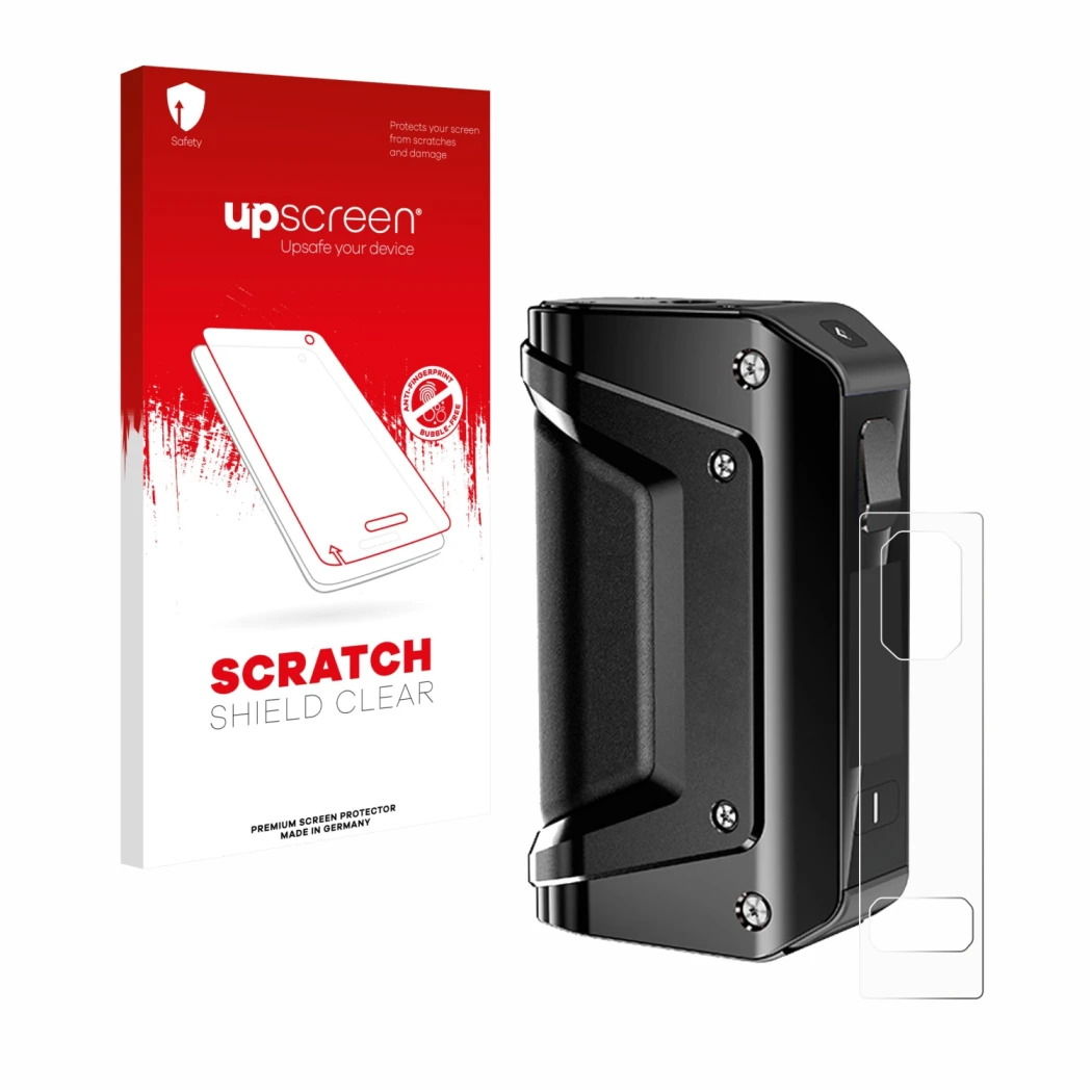 Parte frontale di una confezione del prodotto con il logo del marchio upscreen. Accanto è raffigurato il dispositivo GeekVape 