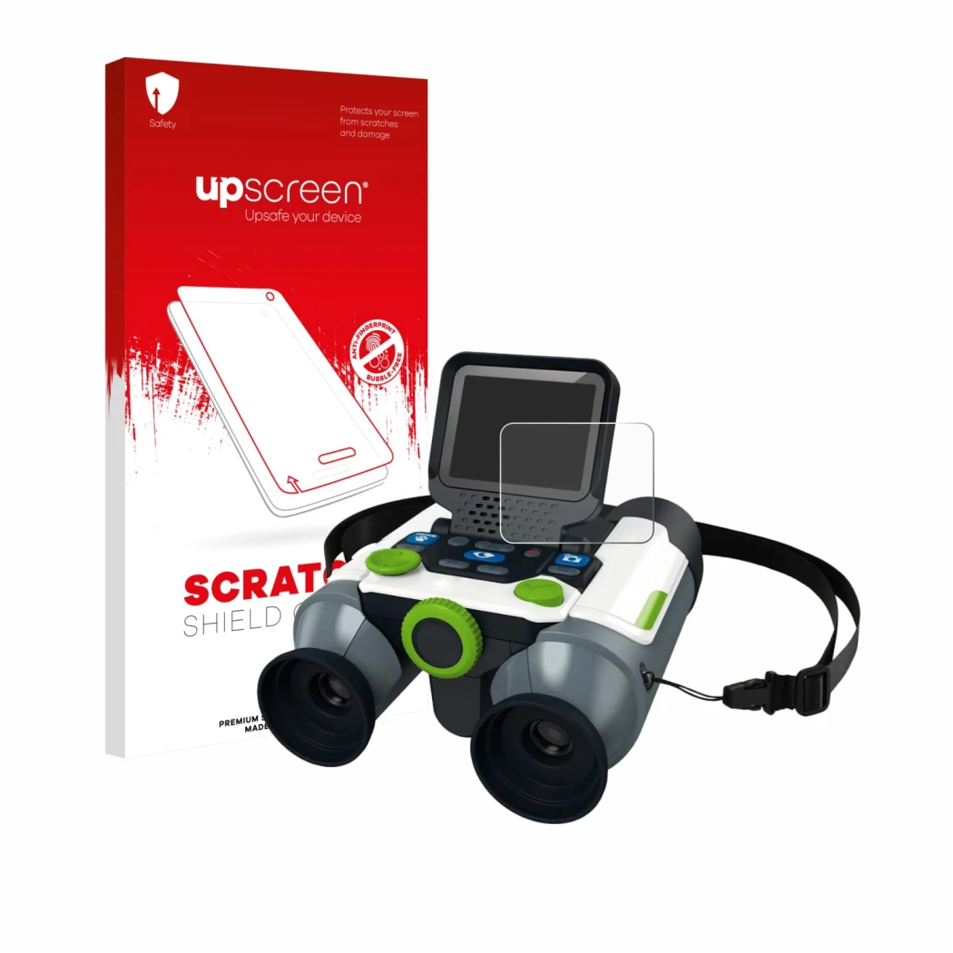 Parte frontale di una confezione del prodotto con il logo del marchio upscreen. Accanto è raffigurato il dispositivo Vtech Bin