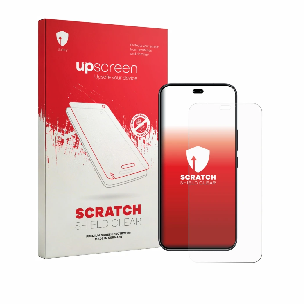 Parte frontale di una confezione del prodotto con il logo del marchio upscreen. Accanto è raffigurato il dispositivo Honor 400