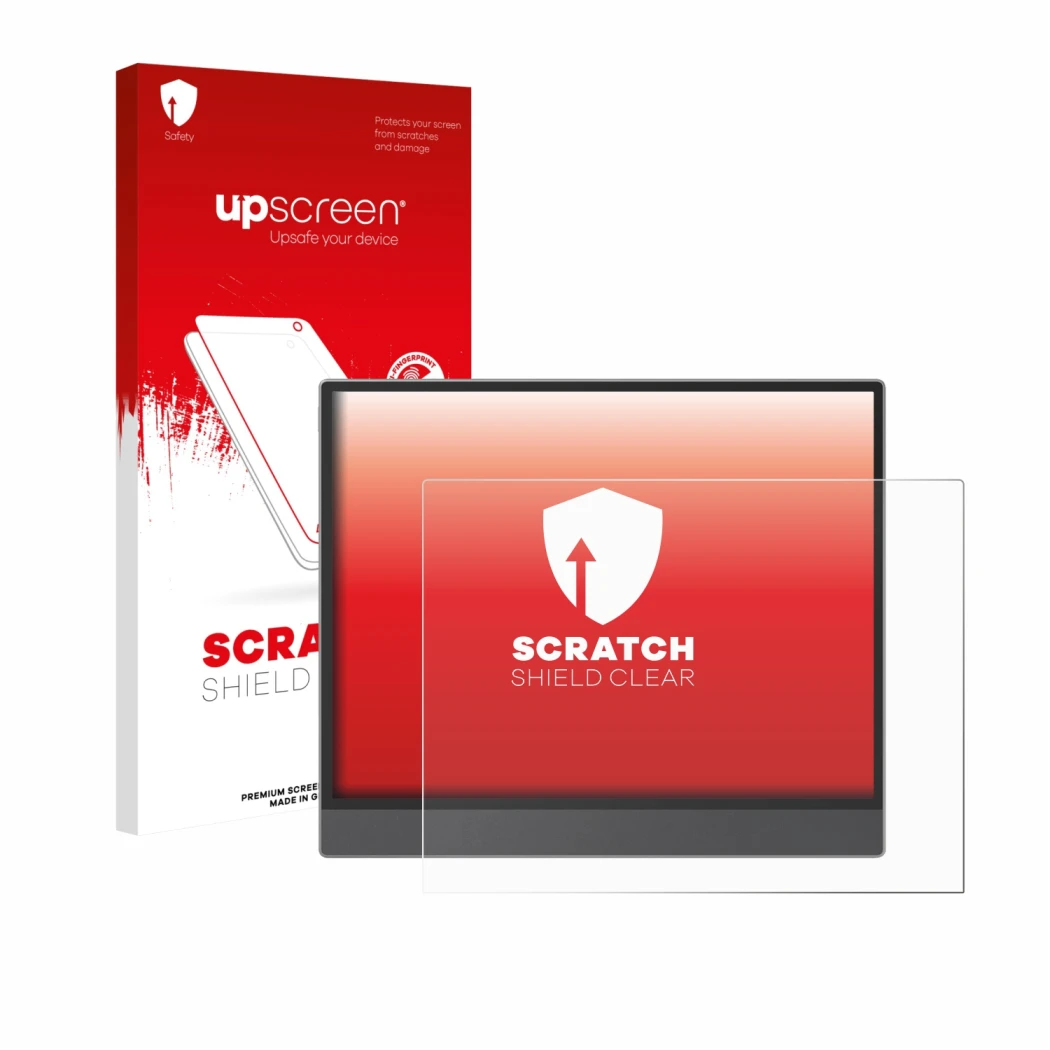 Parte frontale di una confezione del prodotto con il logo del marchio upscreen. Accanto è raffigurato il dispositivo Boox Tab