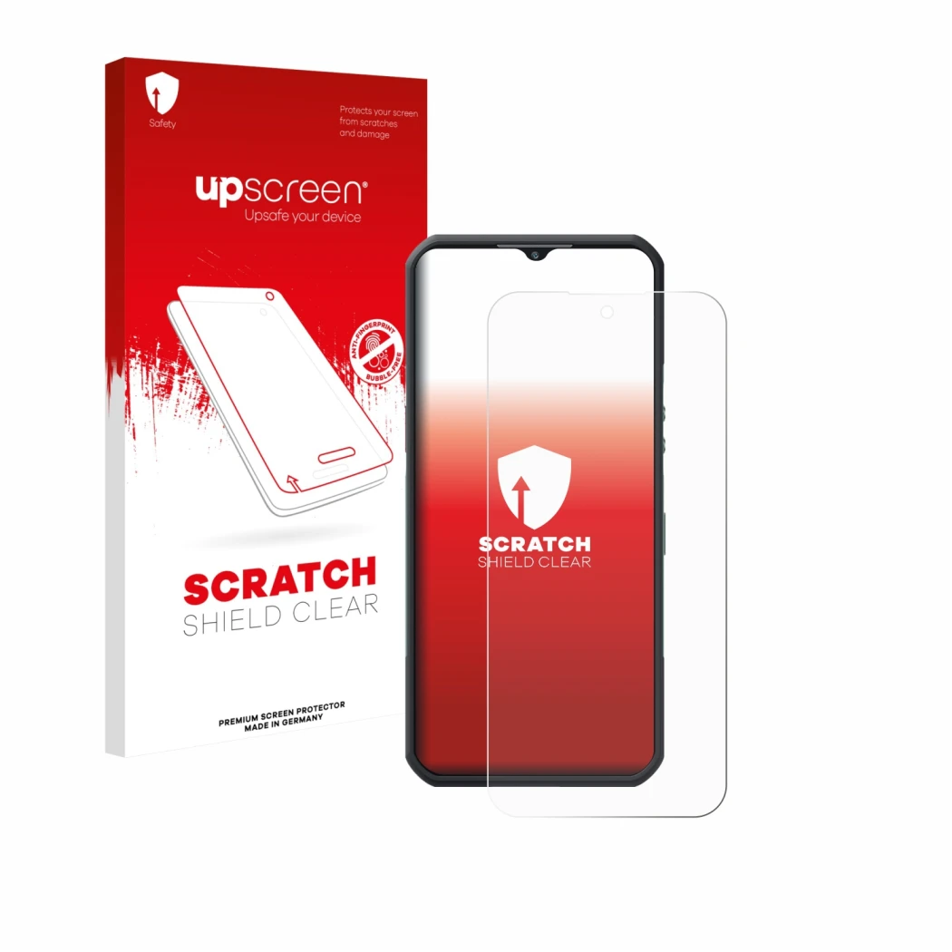 Parte frontale di una confezione del prodotto con il logo del marchio upscreen. Accanto è raffigurato il dispositivo Oukitel W