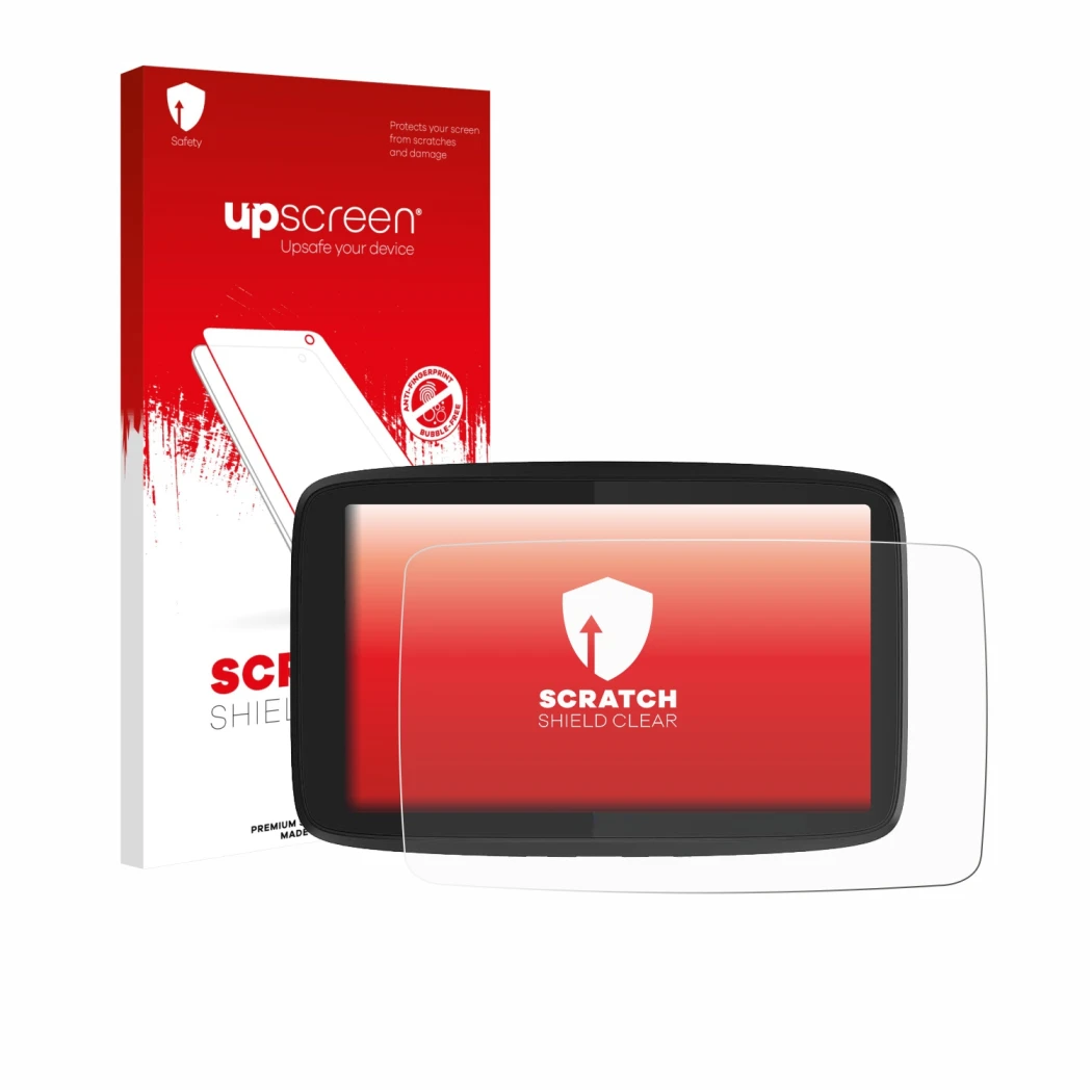 Parte frontale di una confezione del prodotto con il logo del marchio upscreen. Accanto è raffigurato il dispositivo TomTom GO