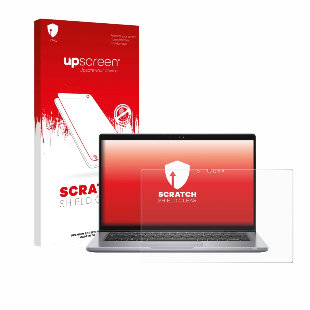 Parte frontale di una confezione del prodotto con il logo del marchio upscreen. Accanto è raffigurato il dispositivo Dell Lati