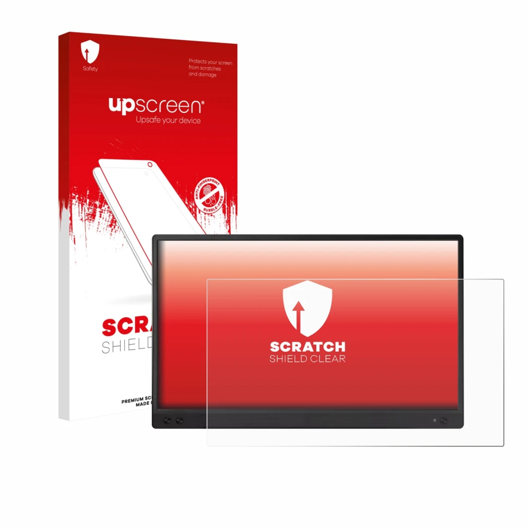 Parte frontale di una confezione del prodotto con il logo del marchio upscreen. Accanto è raffigurato il dispositivo ASUS ZenS