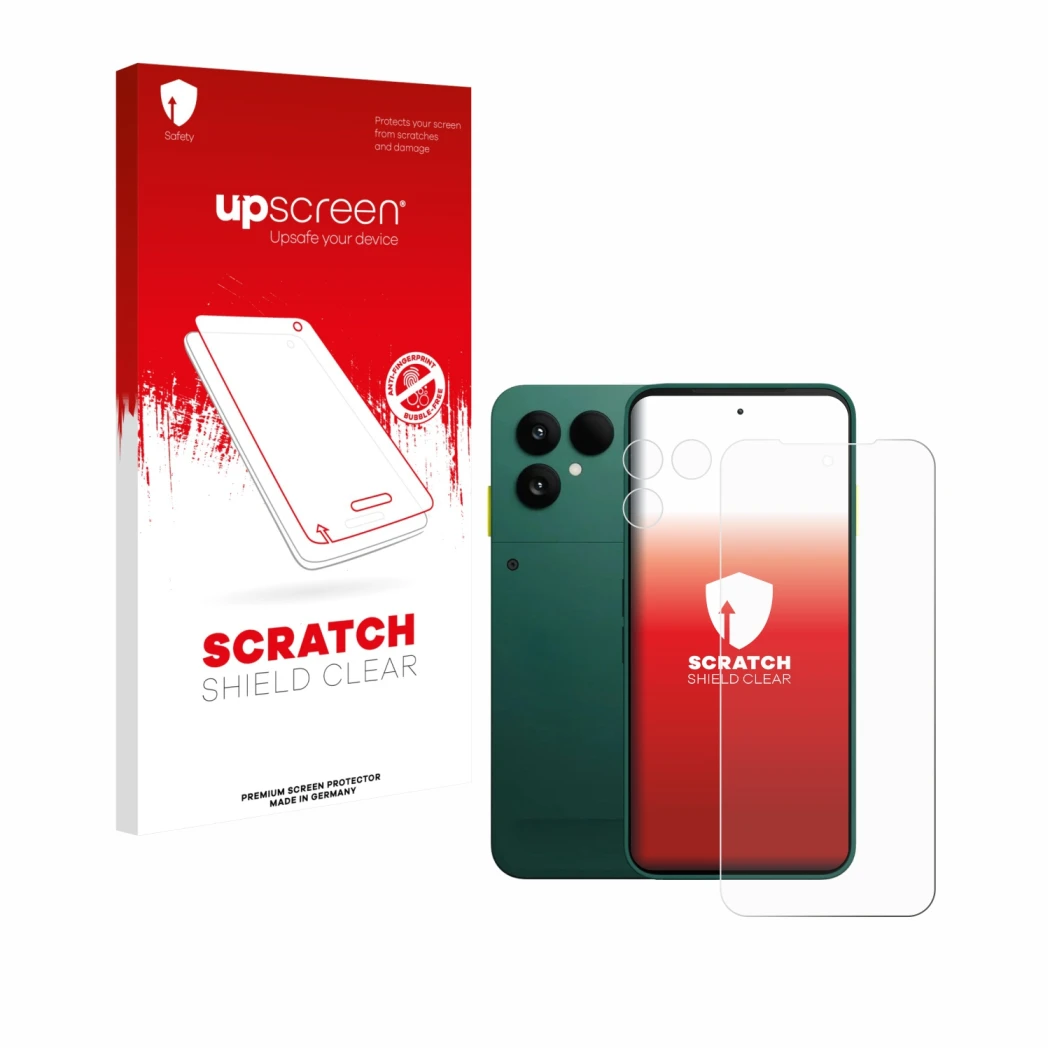 Parte frontale di una confezione del prodotto con il logo del marchio upscreen. Accanto è raffigurato il dispositivo Fairphone
