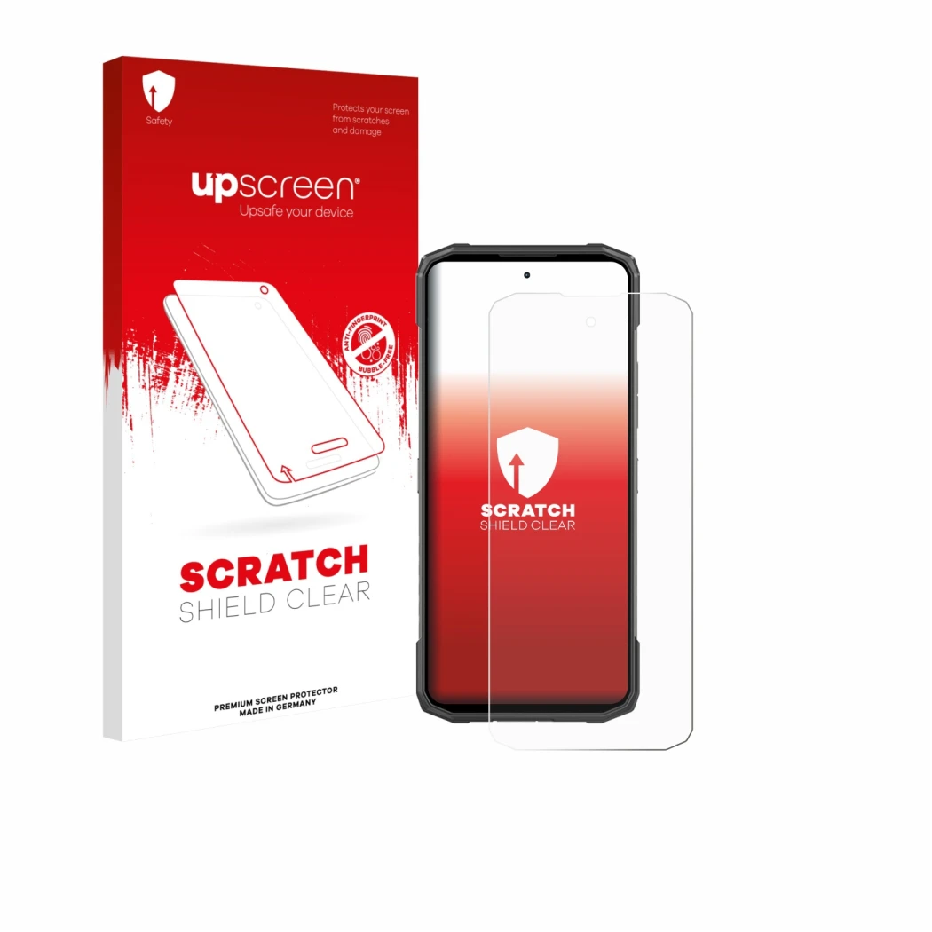 Parte frontale di una confezione del prodotto con il logo del marchio upscreen. Accanto è raffigurato il dispositivo Doogee Bl