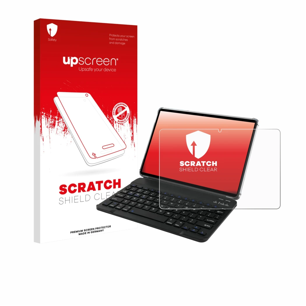 Parte frontale di una confezione del prodotto con il logo del marchio upscreen. Accanto è raffigurato il dispositivo Tabwee T9