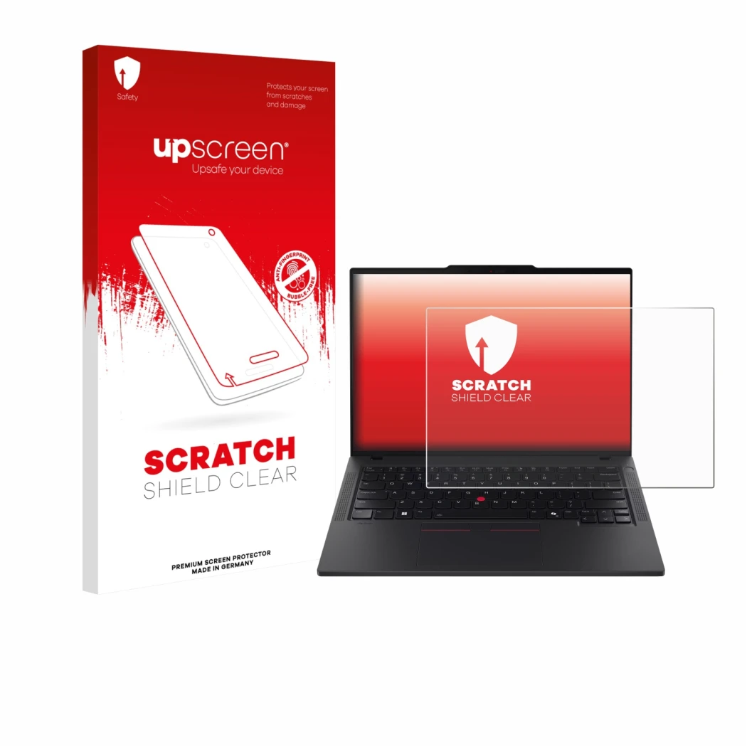 Parte frontale di una confezione del prodotto con il logo del marchio upscreen. Accanto è raffigurato il dispositivo Lenovo Th