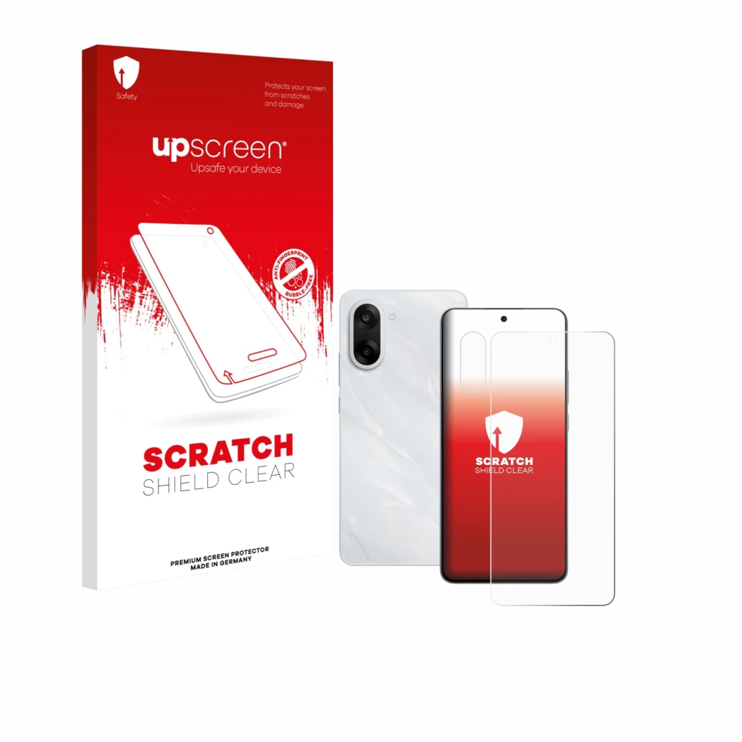 Parte frontale di una confezione del prodotto con il logo del marchio upscreen. Accanto è raffigurato il dispositivo OnePlus N