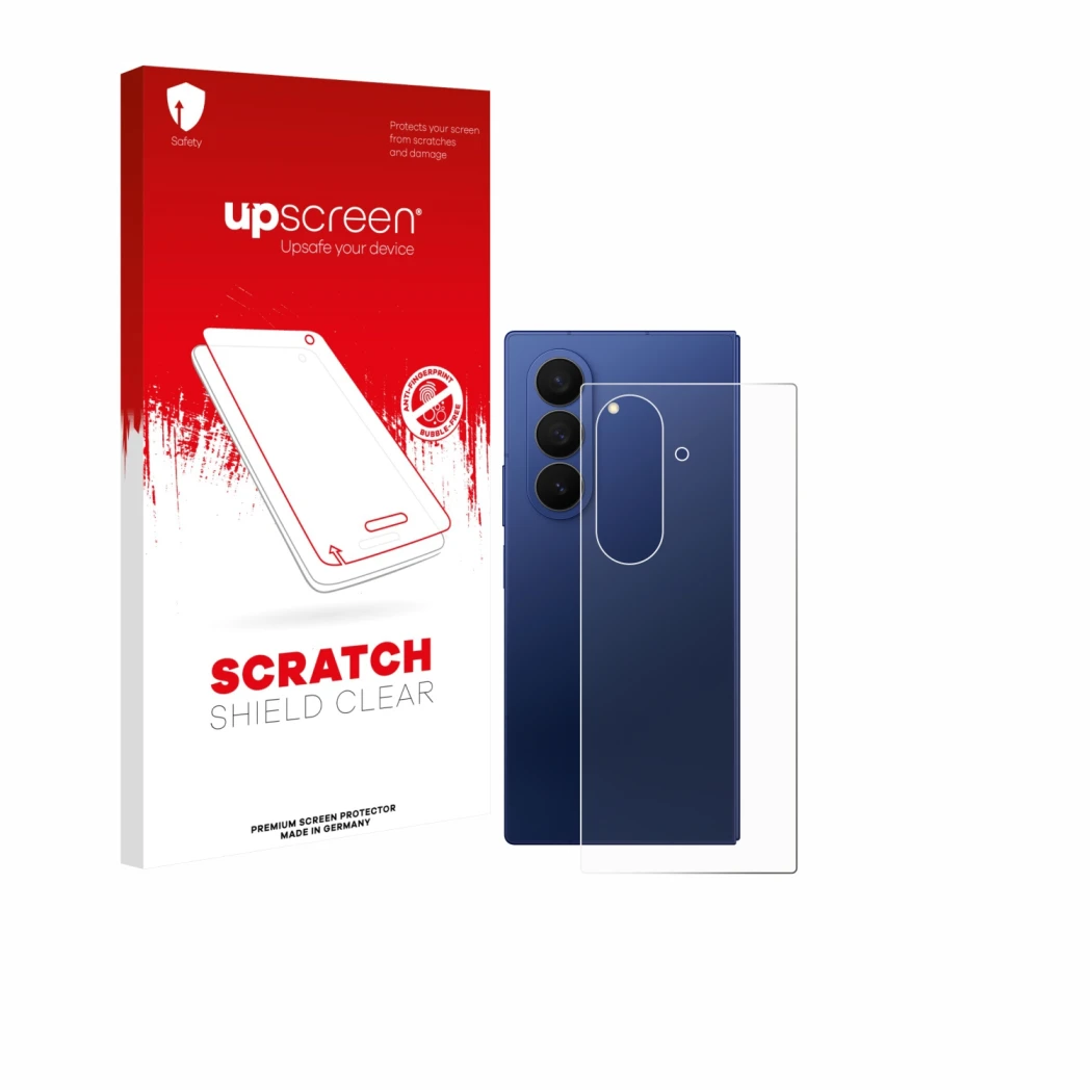 Parte frontale di una confezione del prodotto con il logo del marchio upscreen. Accanto è raffigurato il dispositivo Samsung G