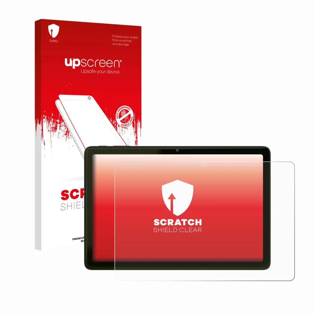 Parte frontale di una confezione del prodotto con il logo del marchio upscreen. Accanto è raffigurato il dispositivo VALE Tabl